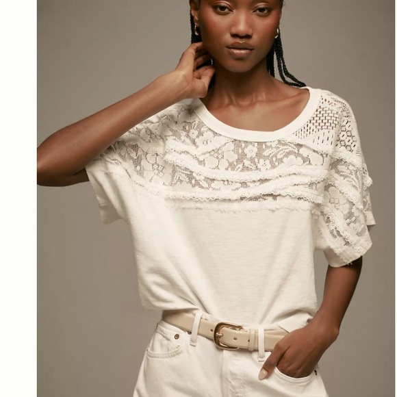Anthropologie Pilcro Lace Torn Tee cropped boxy t shirt S white - Picture 1 of 5